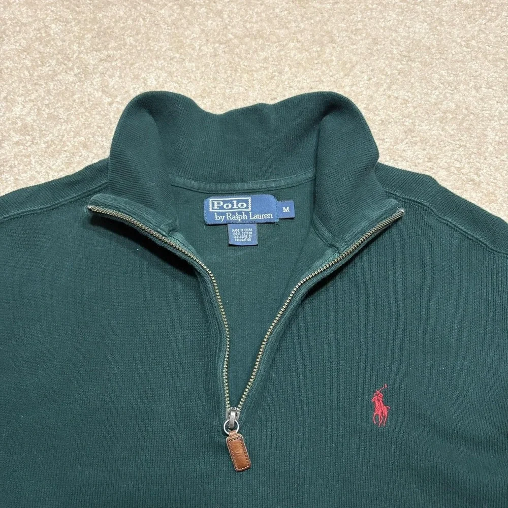 Vtg Polo By Ralph Lauren Sweater Mens Medium Green 1/4 Zip Mock Neck Cotton Pony